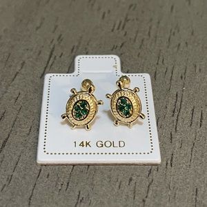 Solid Gold 14 Karat Yellow Dainty Turtle Emerald  Cz Earring